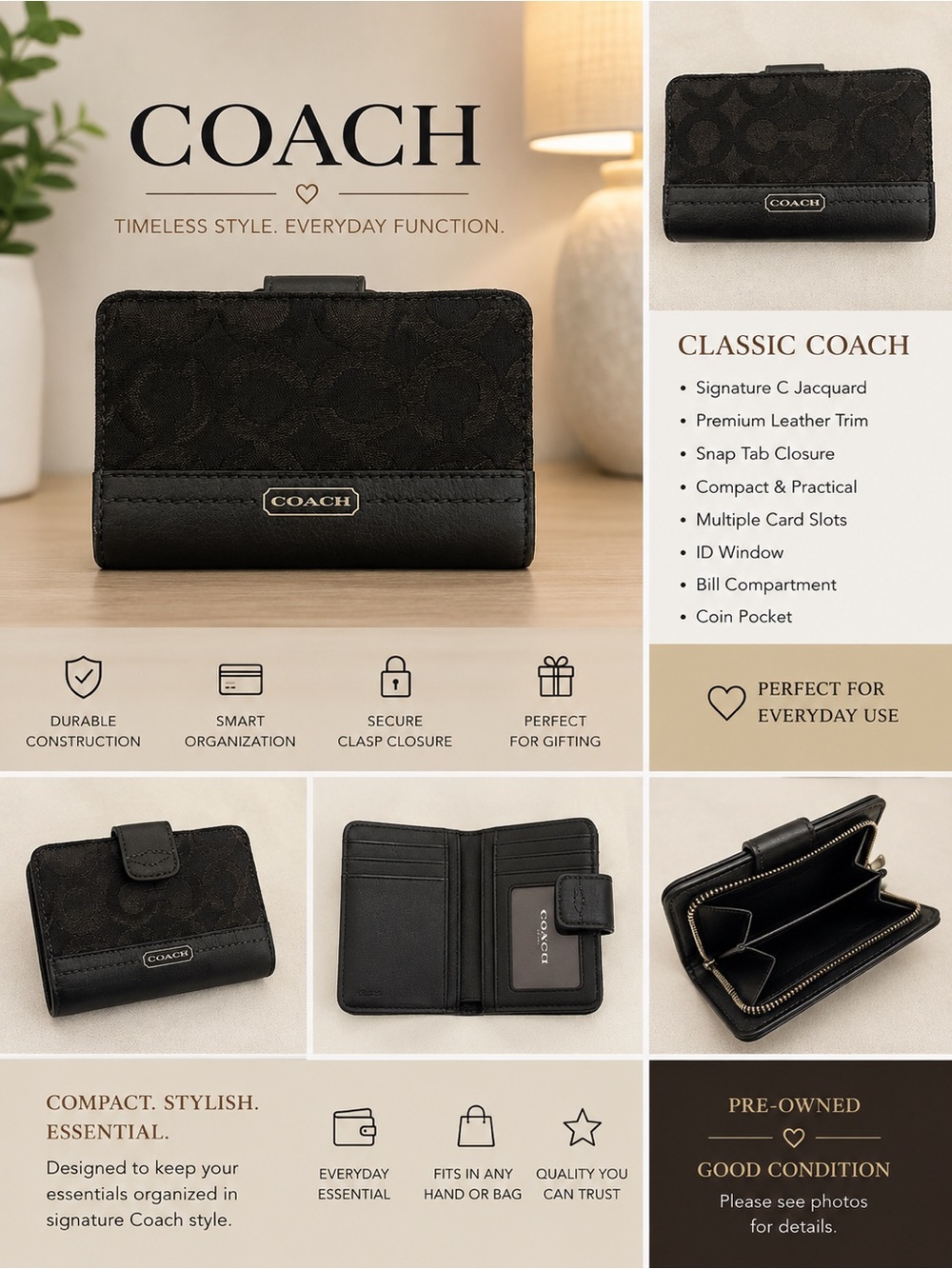 COACH Black Signature Jacquard & Leather Wallet